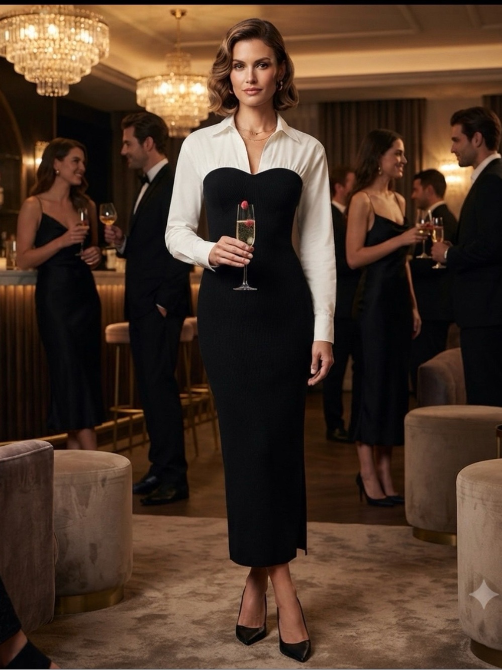 Two-Tone Black & White Long Sleeve Column Dress